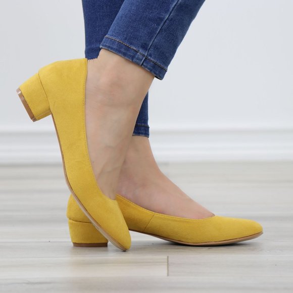 Mustard Faux Suede Close Round Toe Kitten Low Block Heel Pumps - Picture 5 of 13